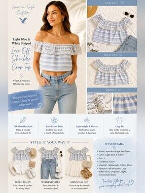 American Eagle Blue White Striped Lace Off Shoulder Crop Top Large Boho Summer